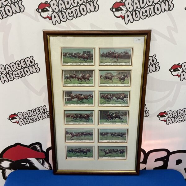 Framed set of vintage horse racing cards, reproduction Turf Cigarettes.