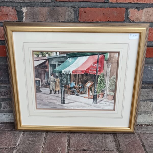 Fraser King watercolour painting of an Italian coffee shop scene.