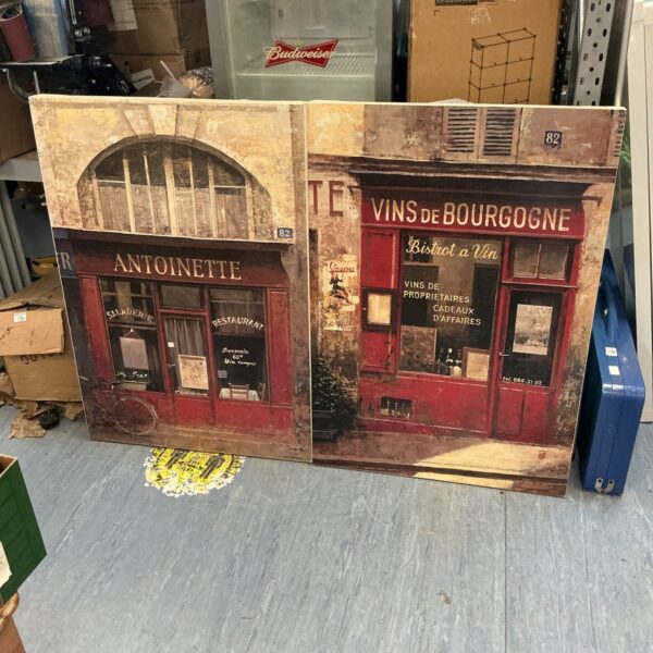 Vintage French cafe prints, detailed bistro storefront wall art.