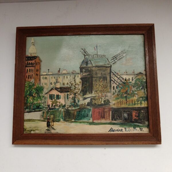 Vintage French gallery painting of a Parisian street scene.