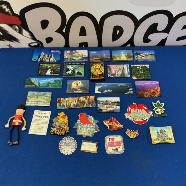 Collection of colourful fridge magnets from various travel destinations.