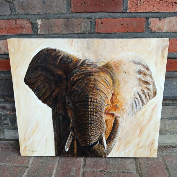 Signed G Maycock elephant oil painting, detailed wildlife art.