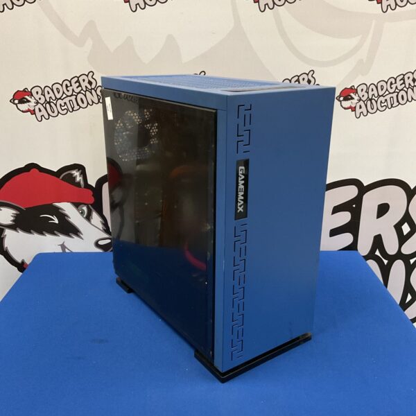 Blue GameMax gaming PC tower, side view.