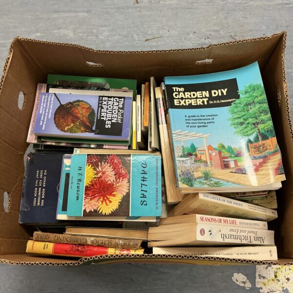 Lot of vintage and modern gardening books for enthusiasts.