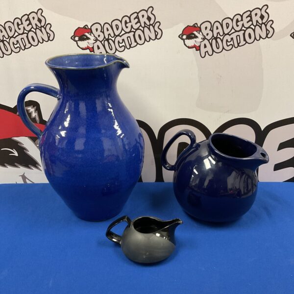 Blue German ceramic jug, vintage stoneware pottery.