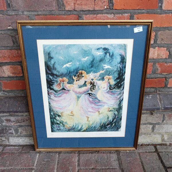 Vintage limited edition Gila Holt print of frolicsome maidens in a garden.