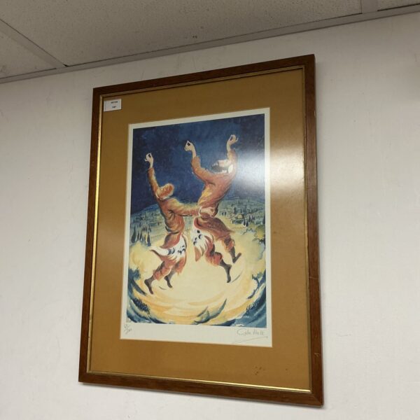 Vibrant Gila Holt print of Jewish men dancing in a lively scene.