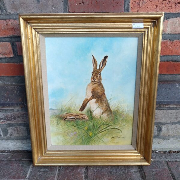 Original Gilbert hare oil painting, detailed wildlife art study.