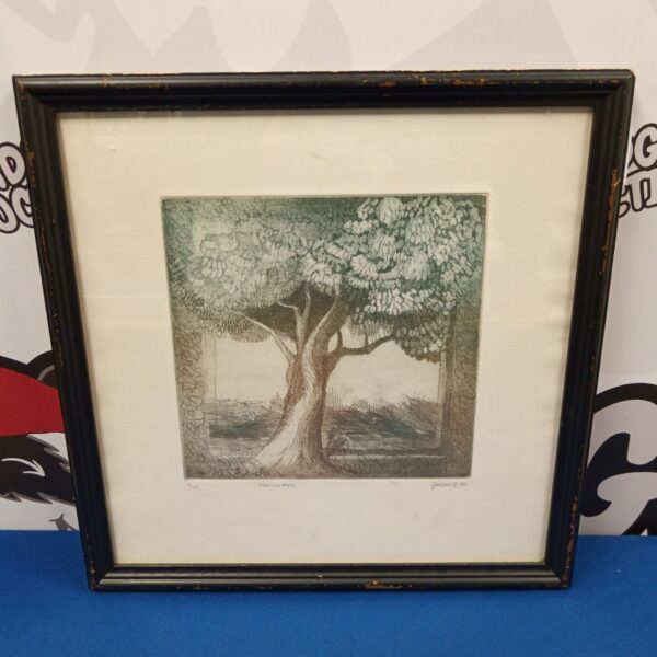 Signed limited edition Gilbert etching of a plains tree landscape.