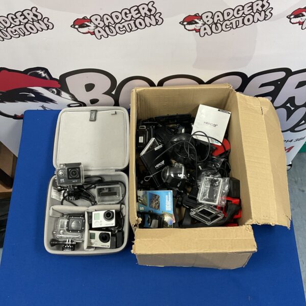 GoPro Hero3+ and Hero3 camera bundle with accessories.