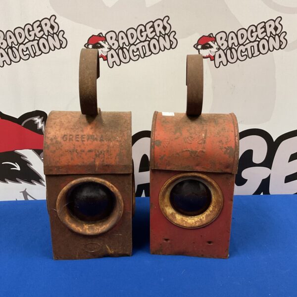 Pair of antique Greenhams railway lanterns with green finish.