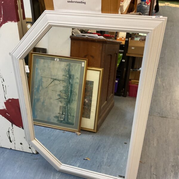 Grey painted pine overmantle mirror with a classic design.