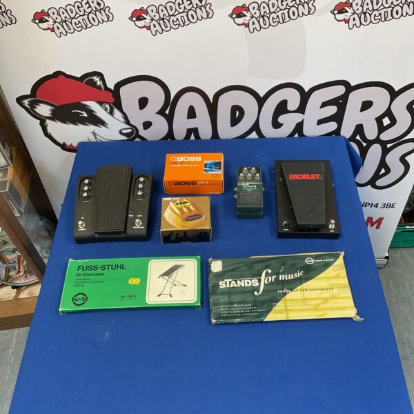 Vintage guitar effects pedals including Morley and Aria Pro II WAH.