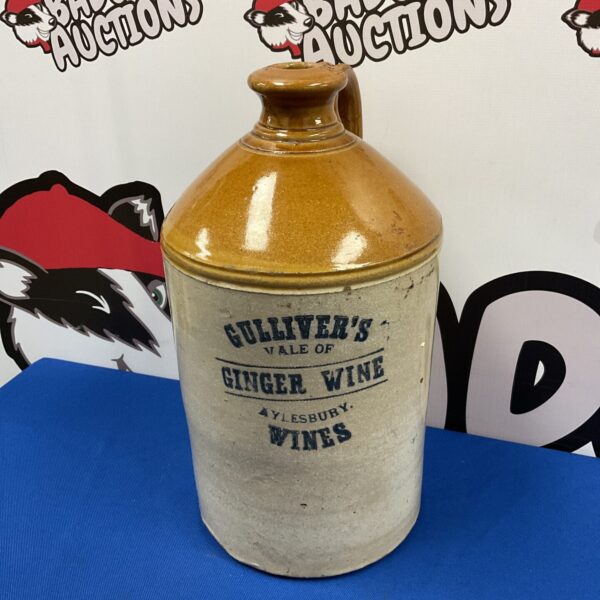 Antique Gullivers Vale of Aylesbury ginger wine flagon, salt glazed stoneware.