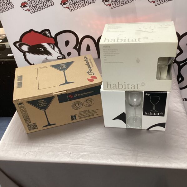 Lot of Habitat wine glasses and cocktail glasses in boxes.