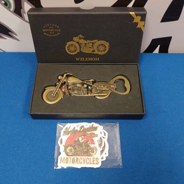 Vintage Harley Davidson motorcycle bottle opener, detailed metal design.