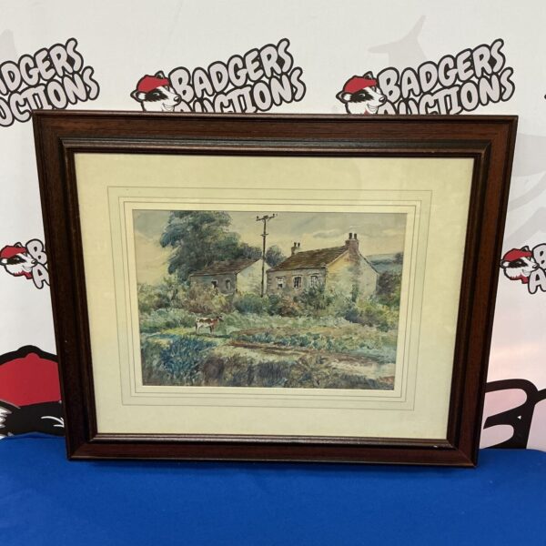 H E Foster 1962 watercolour painting of a farmhouse and cow.