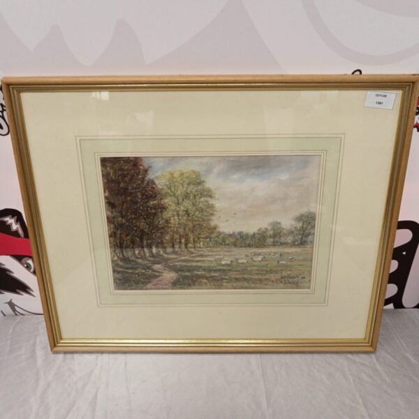 Vintage 1968 HE Foster pastel artwork of sheep in abbey meadows.