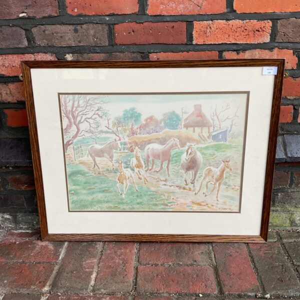 H E Foster watercolour painting of horses and foals in a meadow.