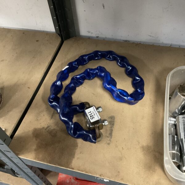 Heavy duty security chain with lock for motorcycle or bicycle.