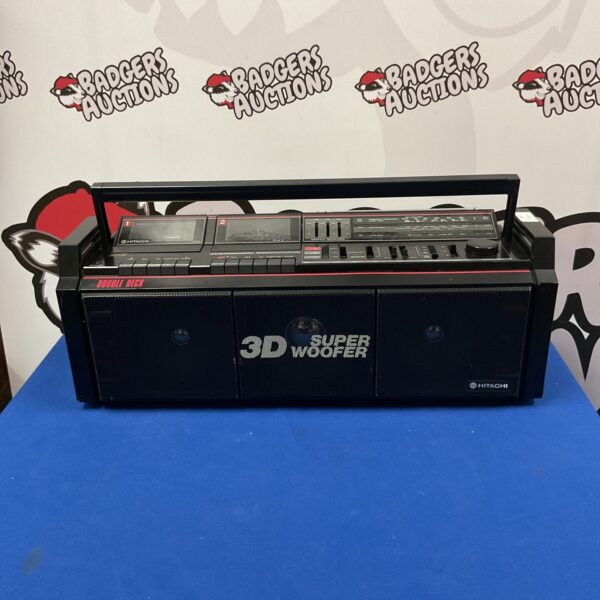 Vintage Hitachi 3D Super Woofer stereo system, retro audio equipment.