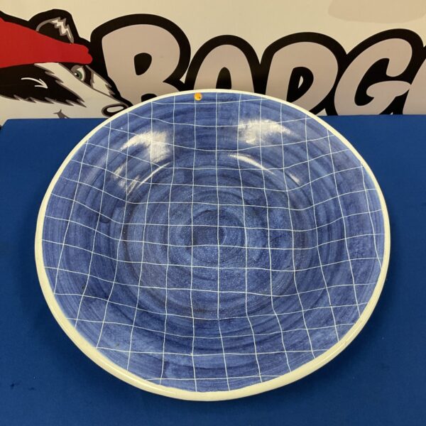 Antique HK majolica bowl with blue geometric pattern.