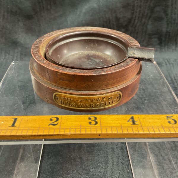 Vintage HMS Warspite teak ashtray, naval collectible.