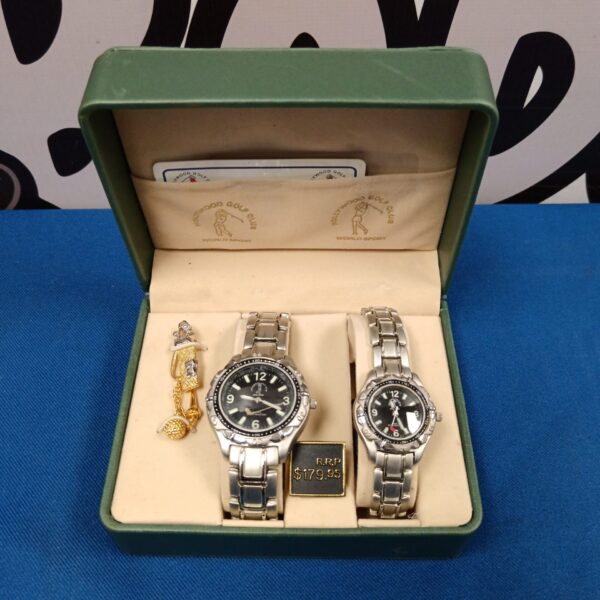 Vintage Hollywood Golf Club his and hers watch set displayed.