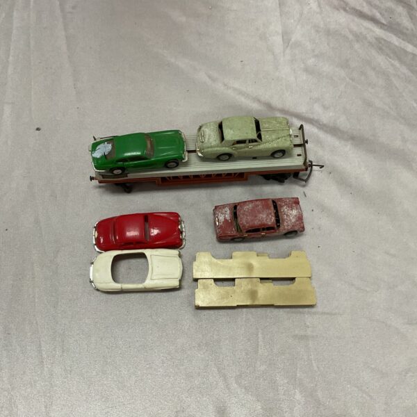 Vintage Hornby car transporter with model cars loaded on.