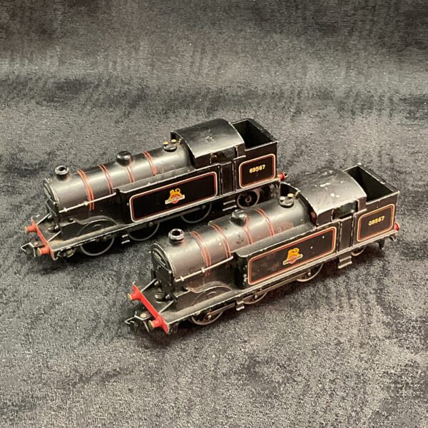 Vintage Hornby three rail tank engines, classic model railway collectible.