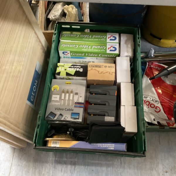 Tray of mixed house clearance electronics and cables.