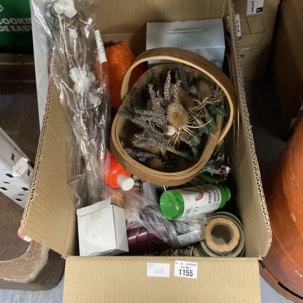 Mixed house clearance lot with paint, tools, and garden items.