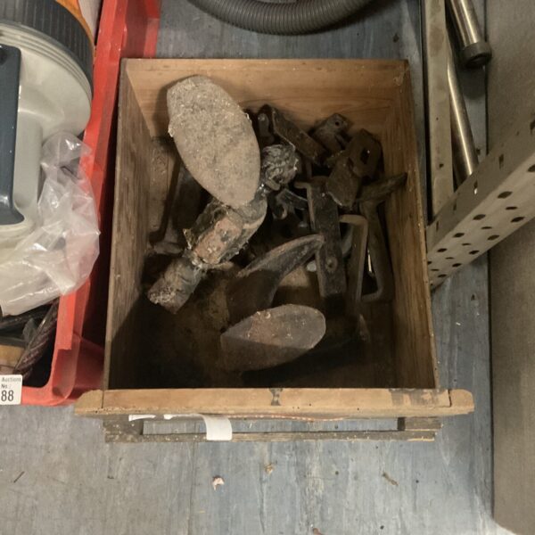 Box of vintage metalware inc shoe lasts & others