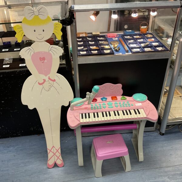 Chad Valley Childrens Pink working Piano And Stool Work inc childs height chart
