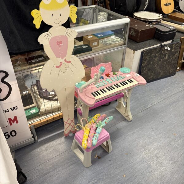 Chad Valley Childrens Pink working Piano And Stool Work inc childs height chart and three children’s hangers