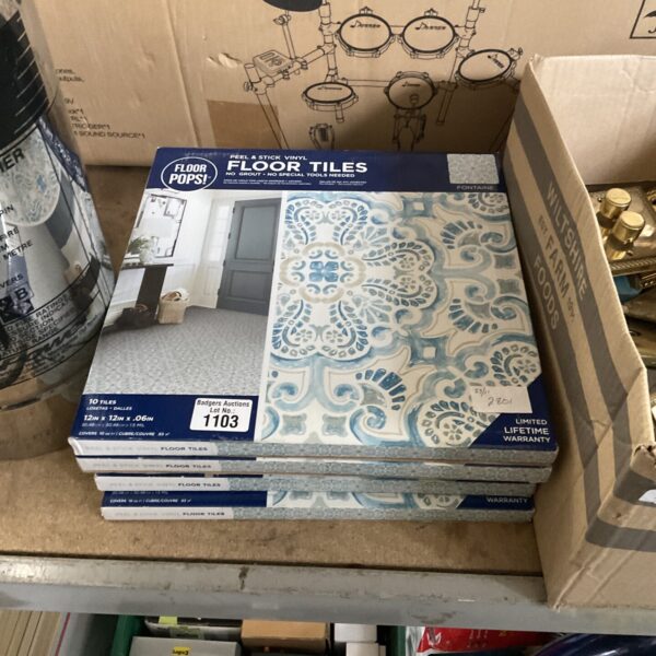 Five new packs of ten 12”x12’x0.6mm floor pops stick on vinyl floor tiles