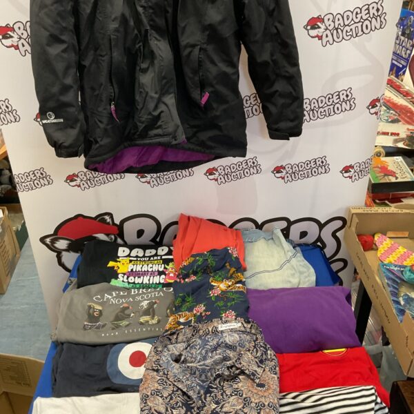 Boxed of mixed clothing inc karrimor jacket, T-shirts, shirts and levi shorts