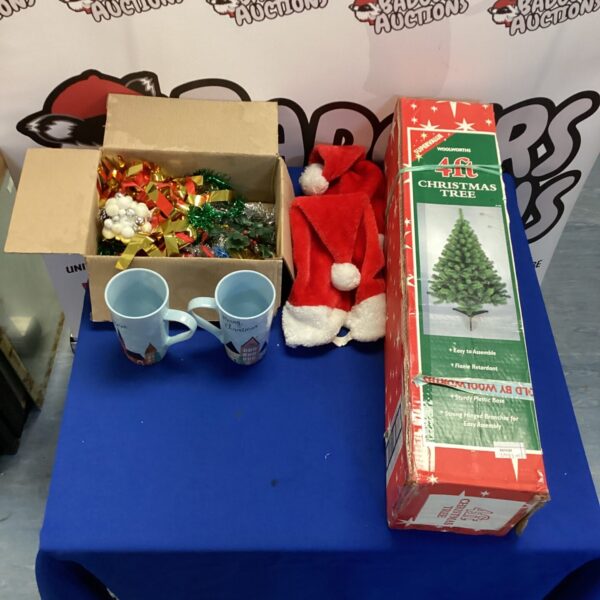 Woolworths 4ft Christmas Tree with decorations, lights & additional box of christmas items inc mugs & santa hat