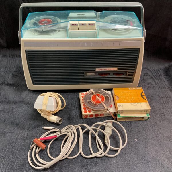 Vintage Stellaphone All Transistor portable reel to reel tape recorder battery powered with spare tape reels cables and microphone