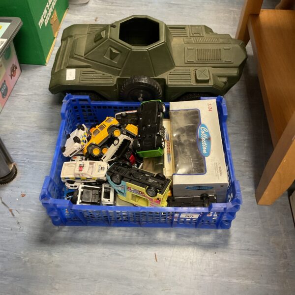 Box of mixed diecast models inc dinky and action man tank