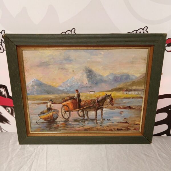 Vintage Irish coastal scene oil painting featuring mussel pickers.