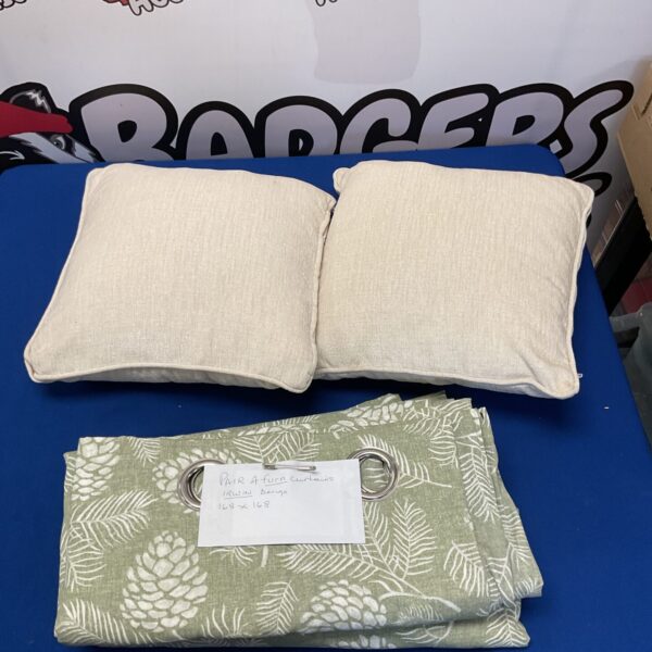 Patterned Irwin curtain and soft cushions for home decor.