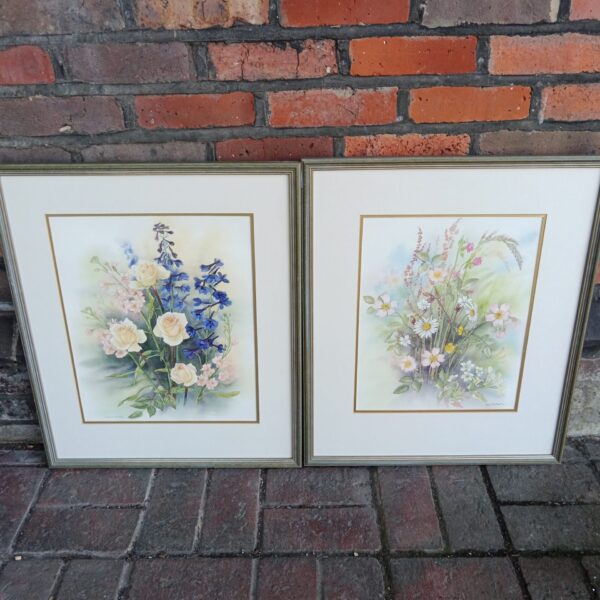 Vintage Jane H Wheaton watercolour painting of blooming flowers.