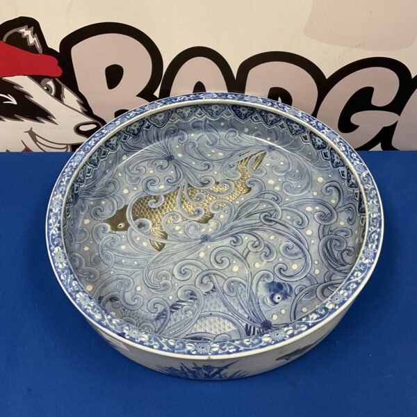 Large Japanese koi carp bowl, 42cm diameter, blue and white Imari style.