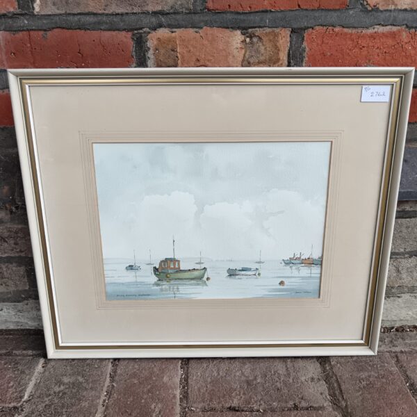 Framed John Cotton watercolour painting of Keyhaven fishing boats.