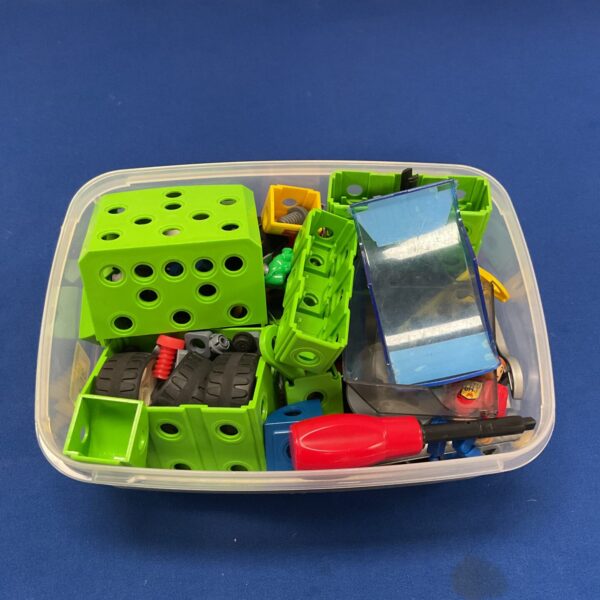 Junior Builder Motor Set with wheels and tools inside a box.