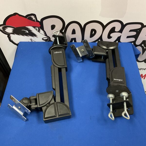 Two Kensington desk monitor arms for adjustable computer monitor mounting.