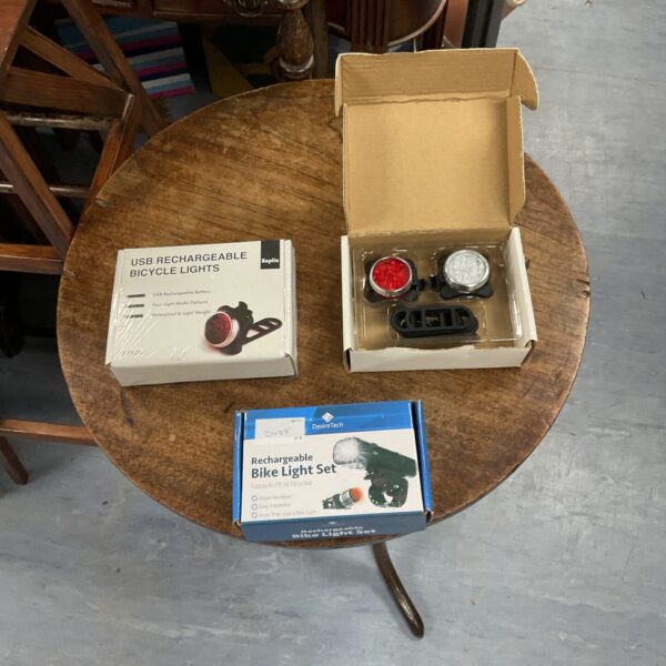 Three USB rechargeable bicycle light sets from Keplin and Desiretech.