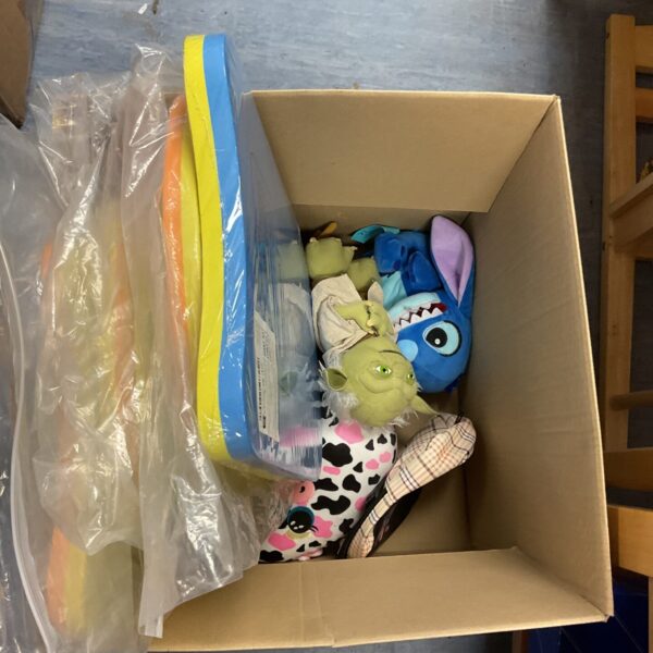 Colorful kids floats and plushies lot for summer fun.