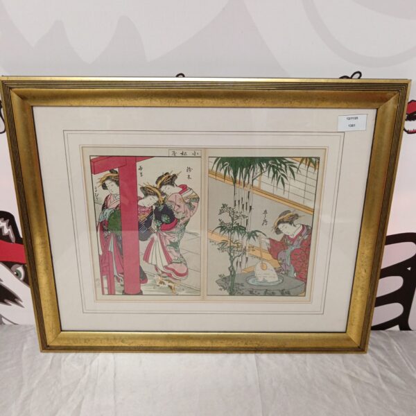Antique Japanese woodblock print by Kitao Shigemasa depicting a courtesan interior scene.